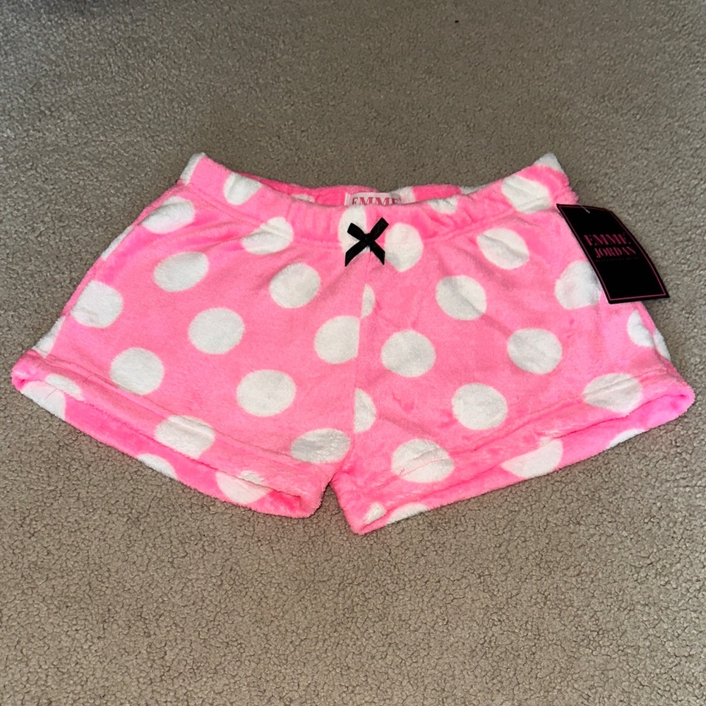 Pink and White Polka Dot Plush Lounge Shorts